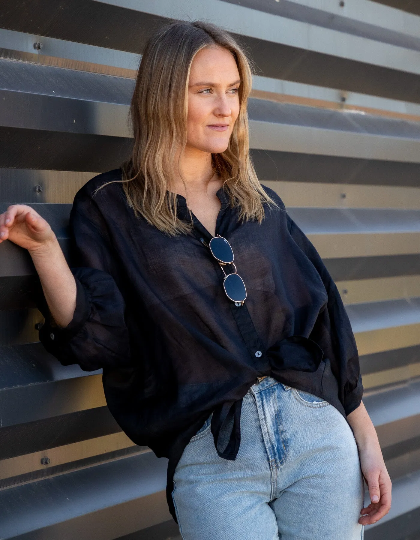 River Button Down Collarless Sheer Linen Shirt in Black