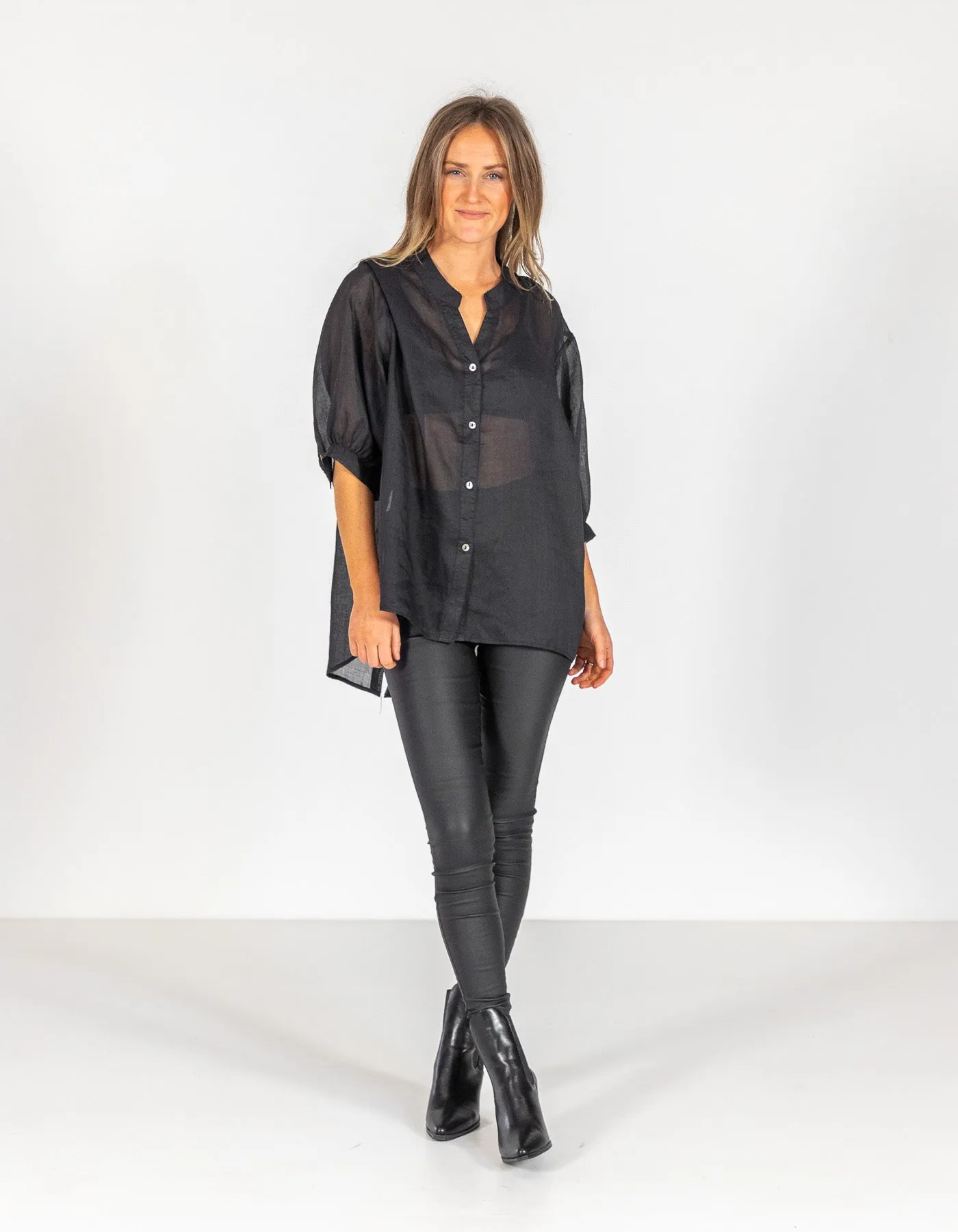 River Button Down Collarless Sheer Linen Shirt in Black
