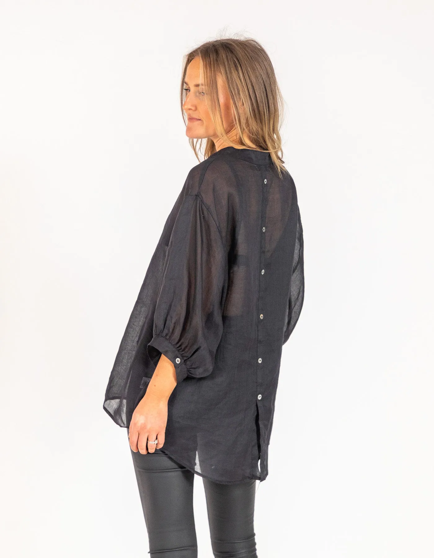 River Button Down Collarless Sheer Linen Shirt in Black