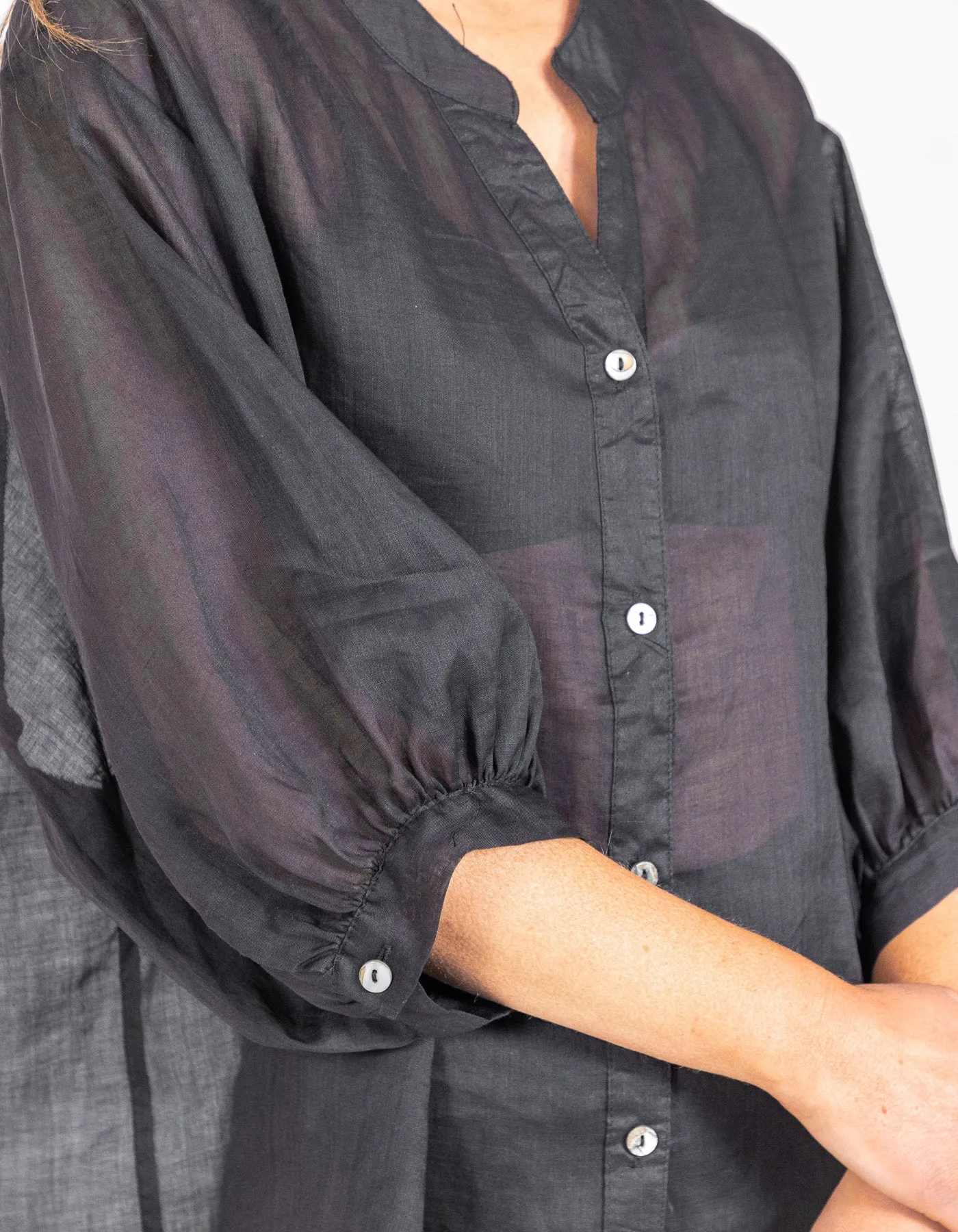 River Button Down Collarless Sheer Linen Shirt in Black