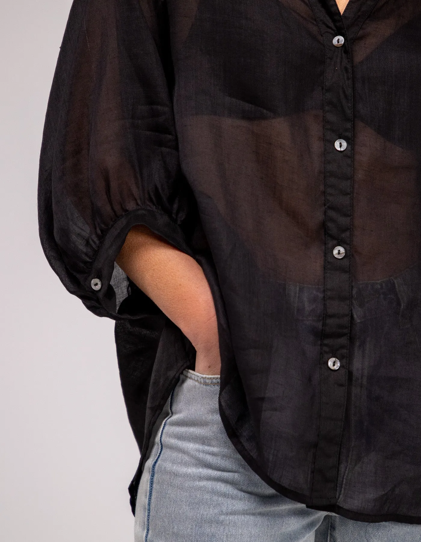 River Button Down Collarless Sheer Linen Shirt in Black