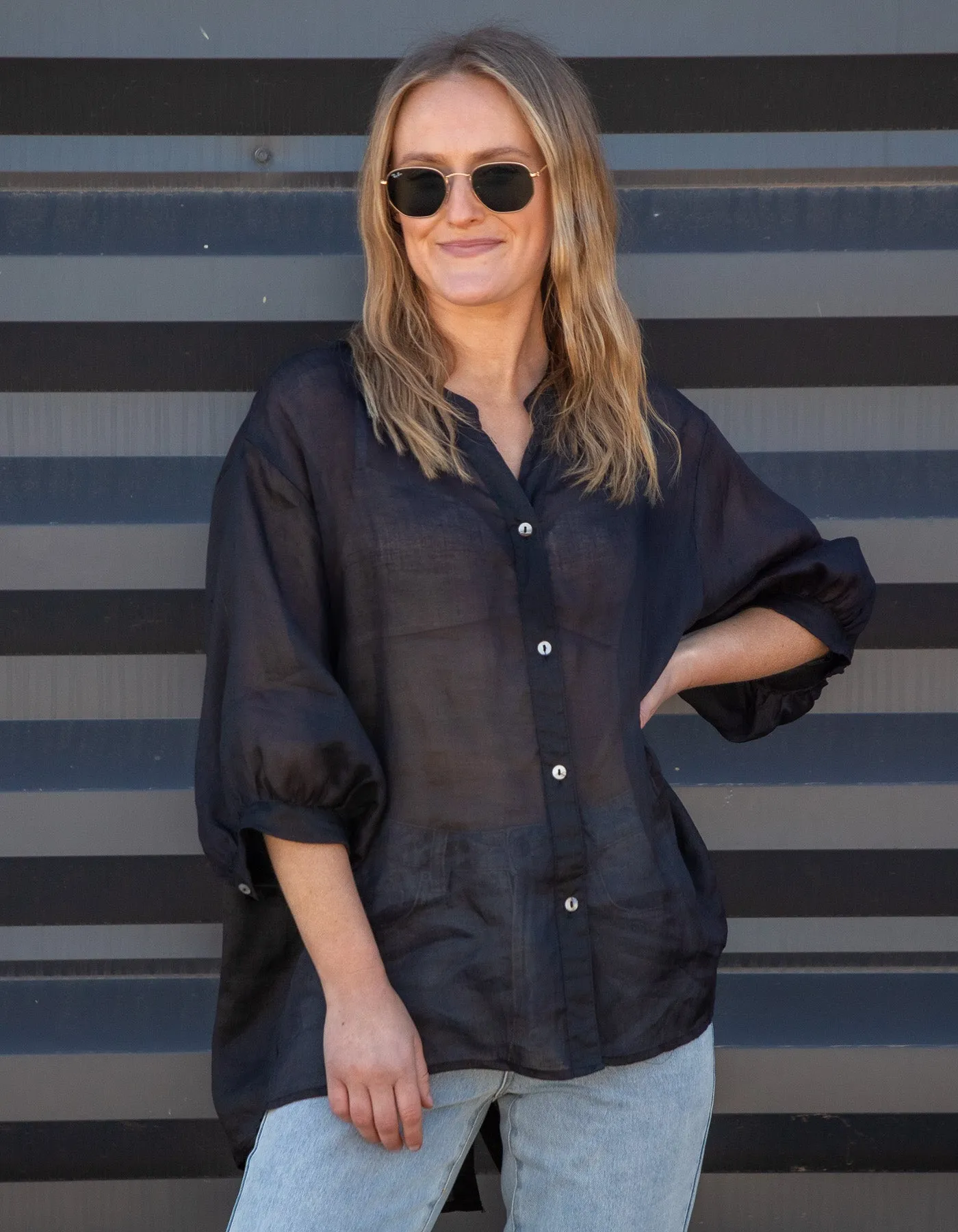 River Button Down Collarless Sheer Linen Shirt in Black