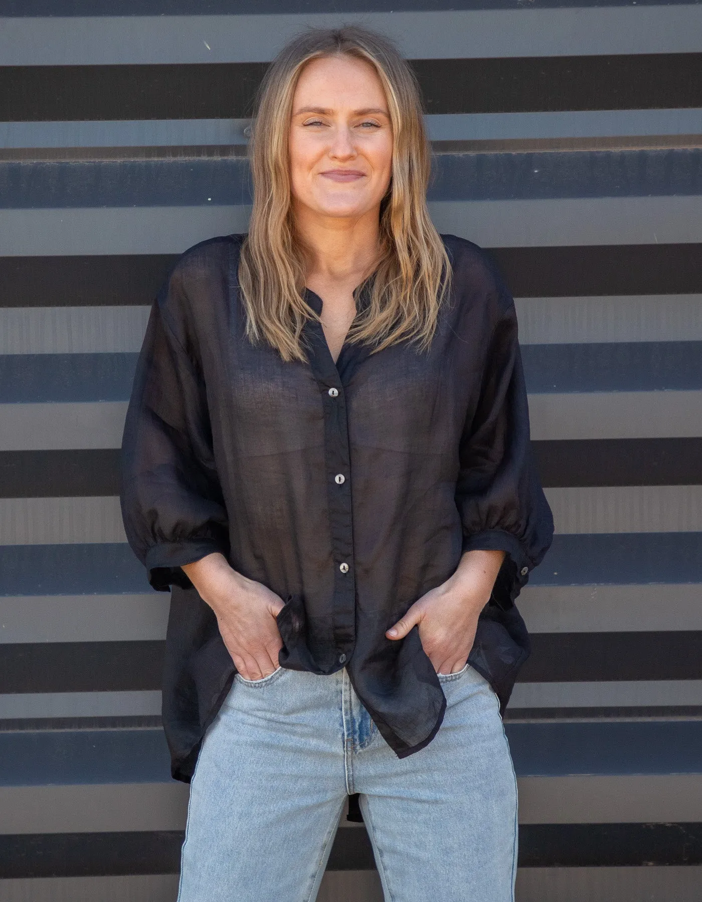 River Button Down Collarless Sheer Linen Shirt in Black