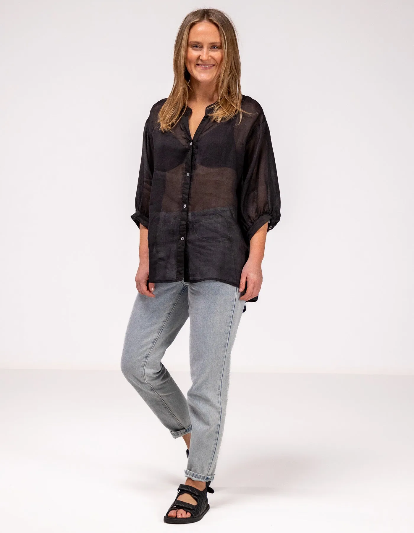 River Button Down Collarless Sheer Linen Shirt in Black