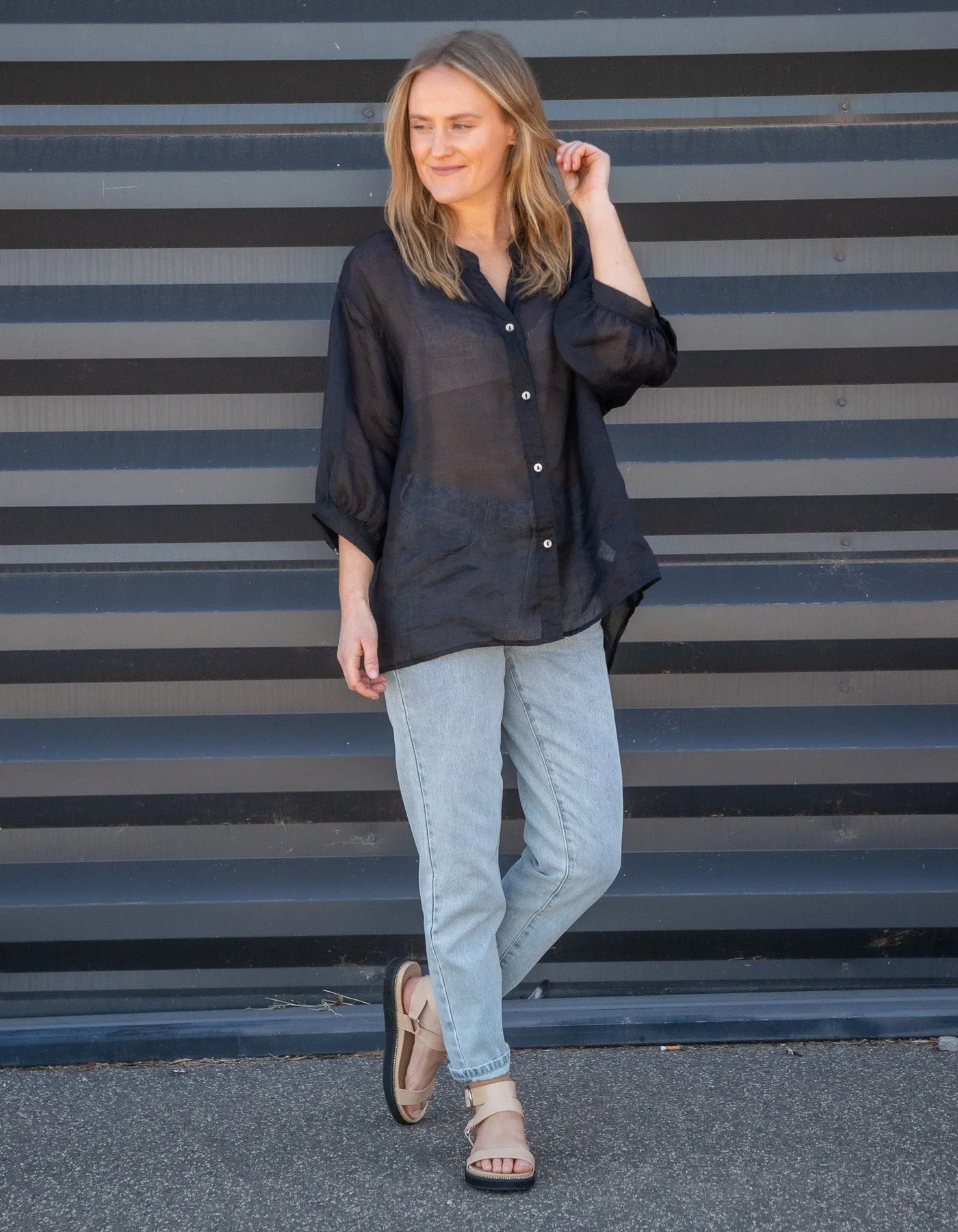 River Button Down Collarless Sheer Linen Shirt in Black
