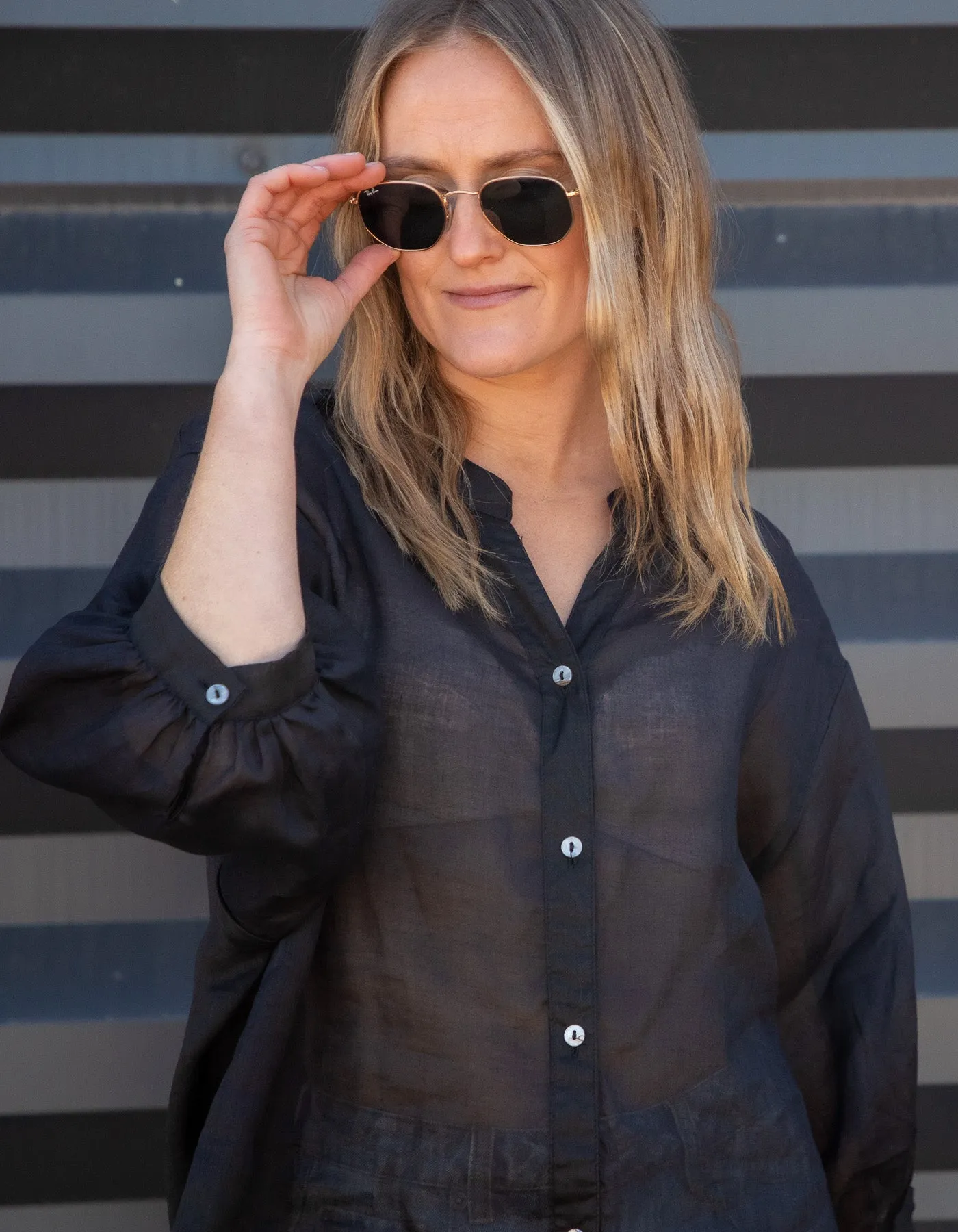 River Button Down Collarless Sheer Linen Shirt in Black