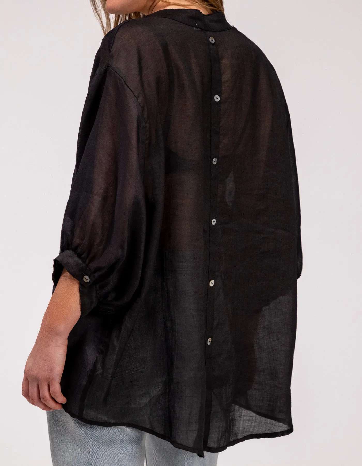 River Button Down Collarless Sheer Linen Shirt in Black