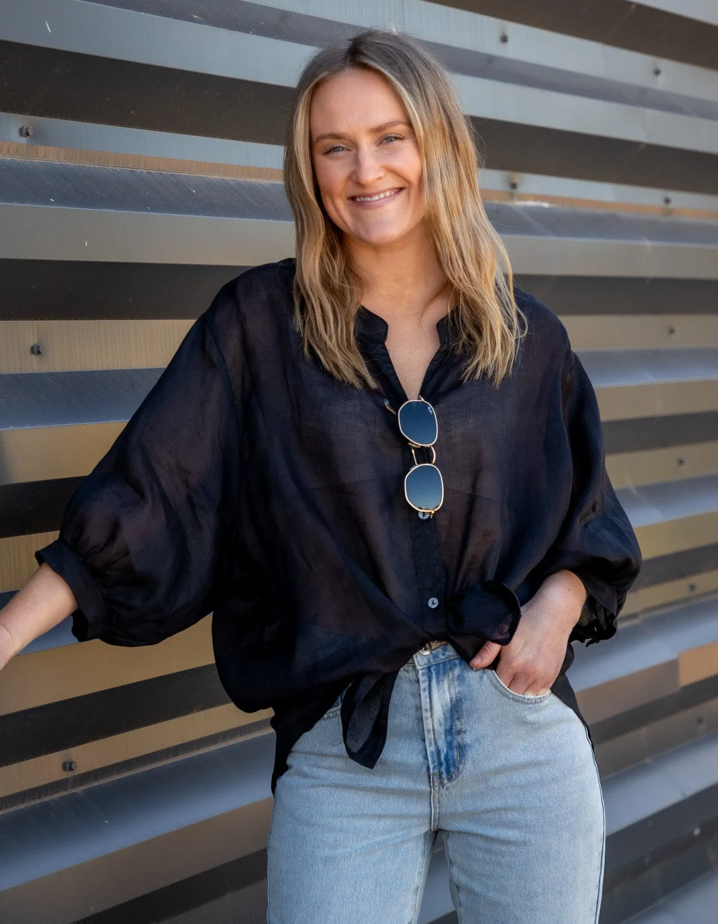 River Button Down Collarless Sheer Linen Shirt in Black