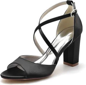 Roimaash Elegant Peep Toe Wedding Sandals Criss Cross Block High Heels