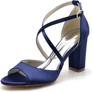 Roimaash Elegant Peep Toe Wedding Sandals Criss Cross Block High Heels