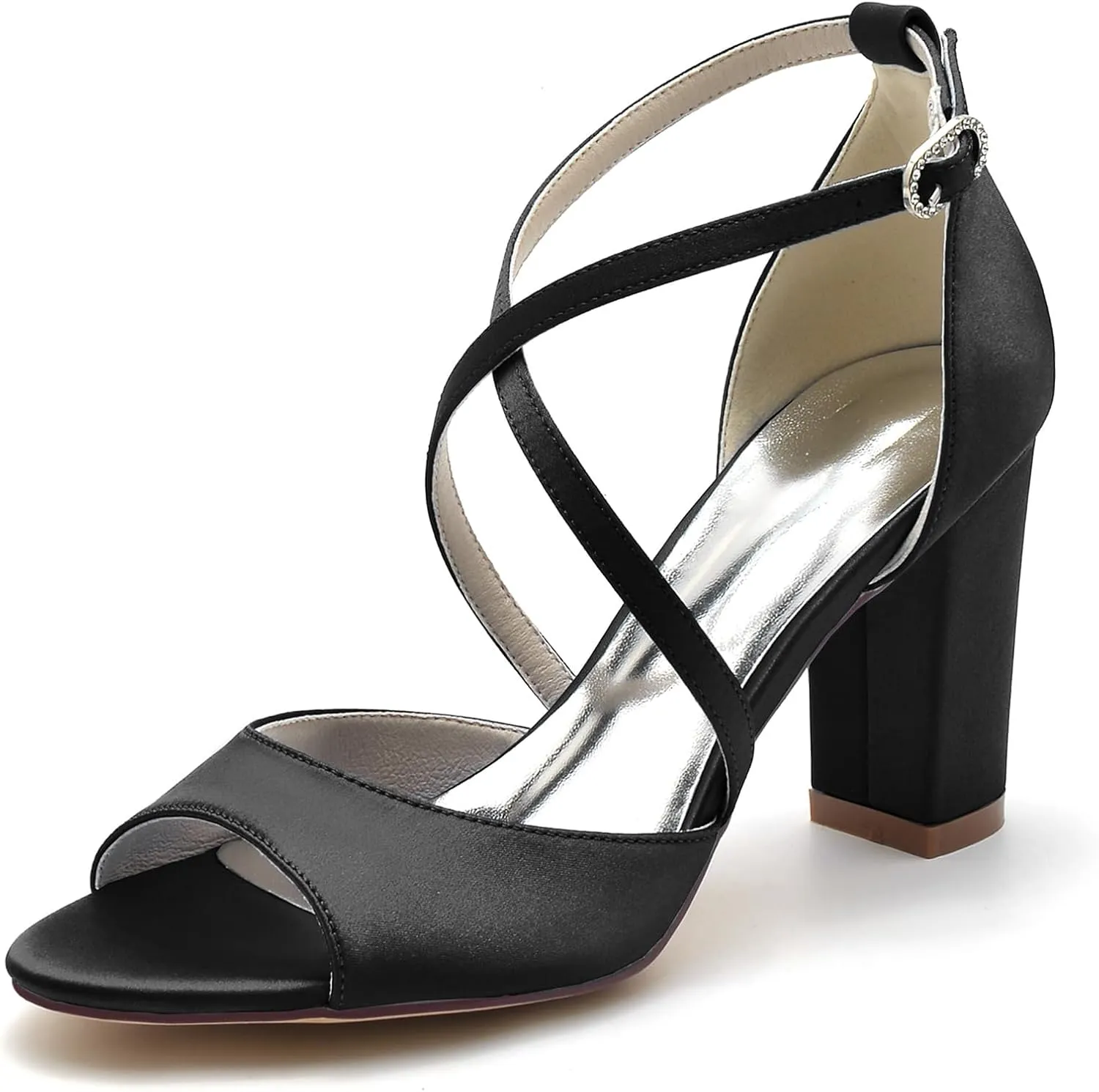 Roimaash Elegant Peep Toe Wedding Sandals Criss Cross Block High Heels