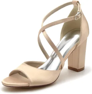Roimaash Elegant Peep Toe Wedding Sandals Criss Cross Block High Heels