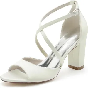 Roimaash Elegant Peep Toe Wedding Sandals Criss Cross Block High Heels