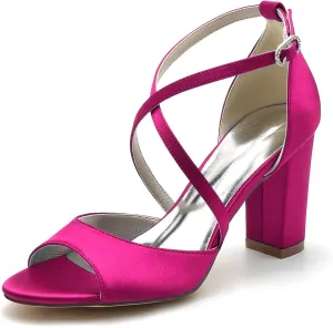 Roimaash Elegant Peep Toe Wedding Sandals Criss Cross Block High Heels
