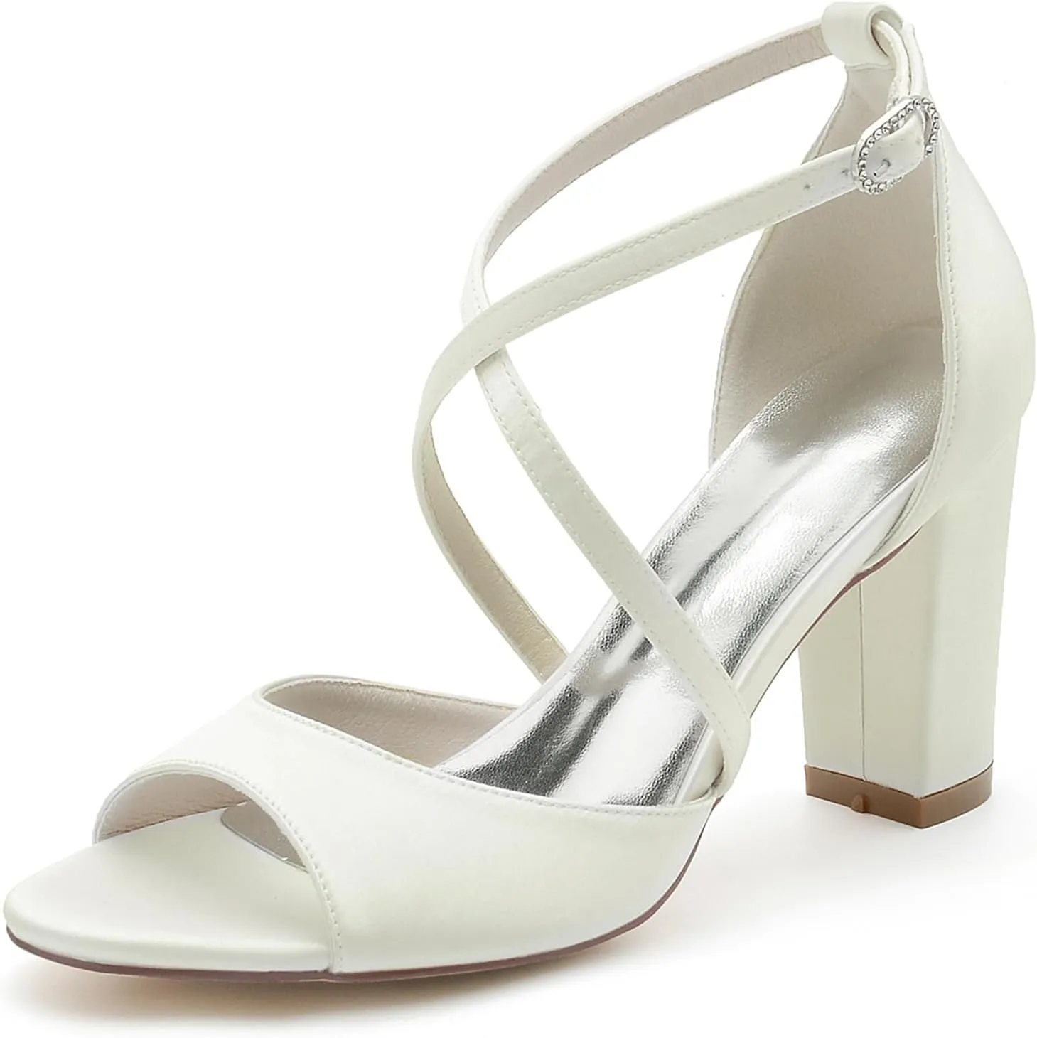 Roimaash Elegant Peep Toe Wedding Sandals Criss Cross Block High Heels