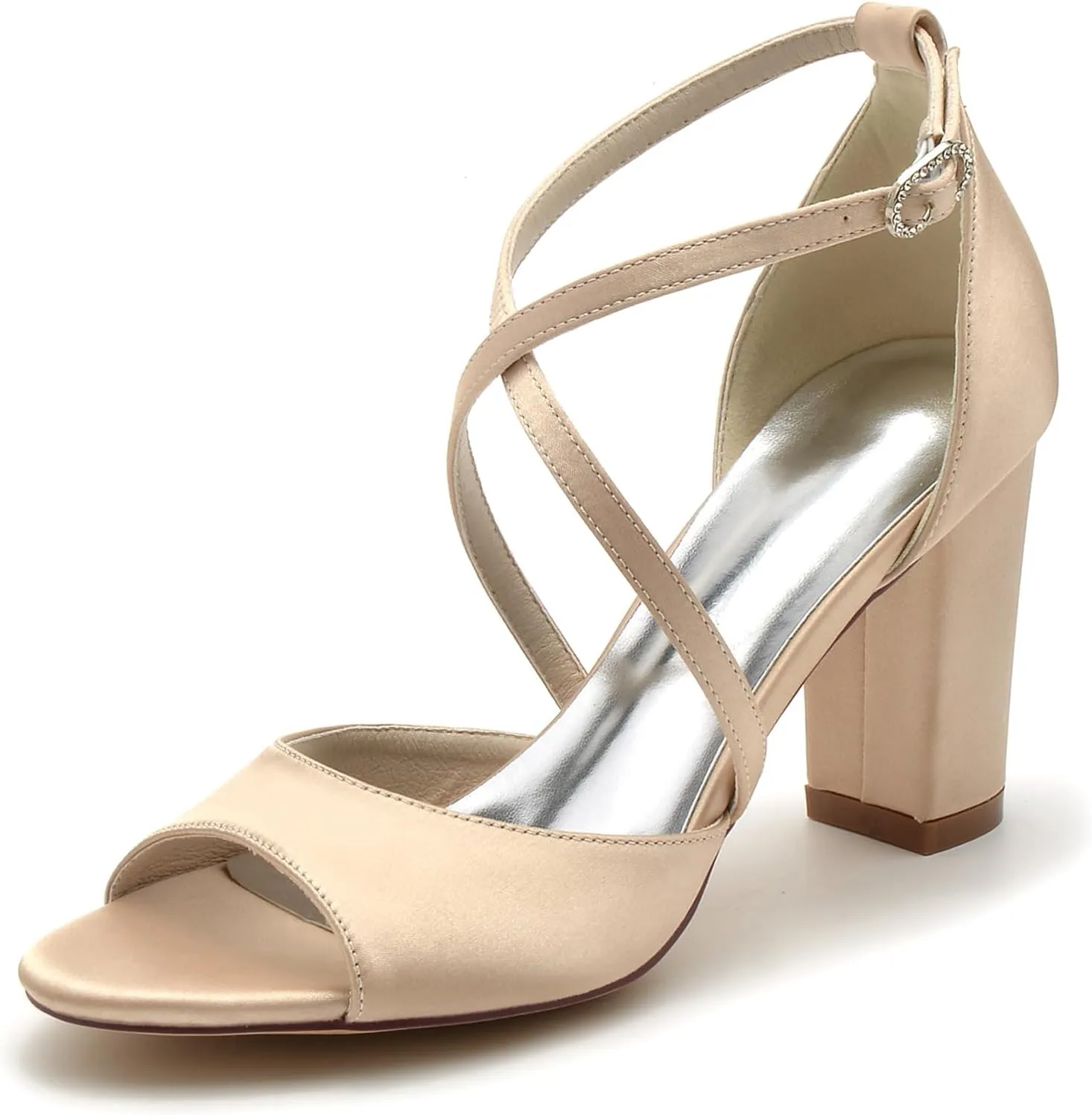 Roimaash Elegant Peep Toe Wedding Sandals Criss Cross Block High Heels