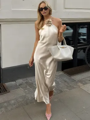 Rosette Satin Halter Midi Dress