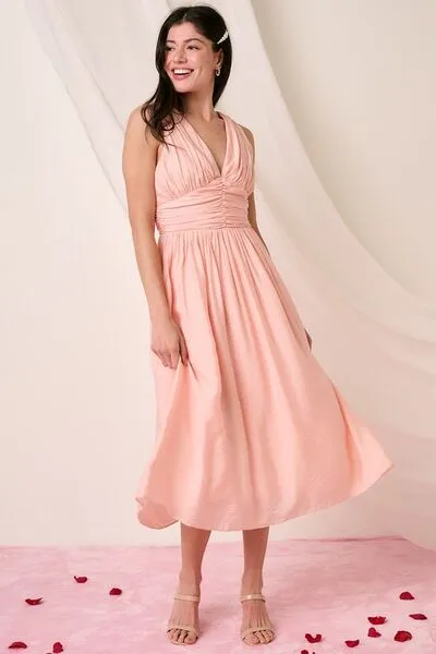 Ruched Sleeveless Midi Dress