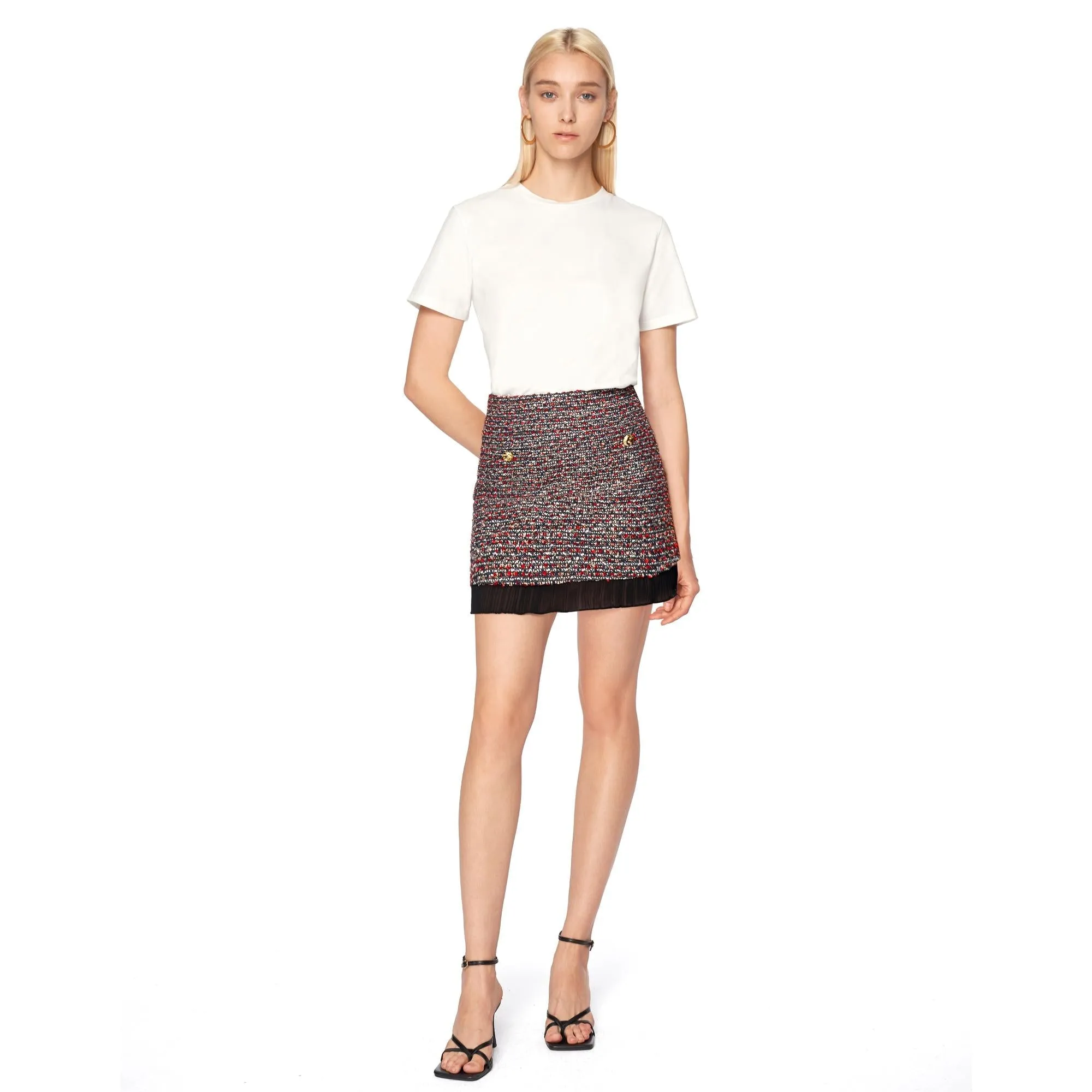 Ruffle Hem Tweed Skirt - Wine