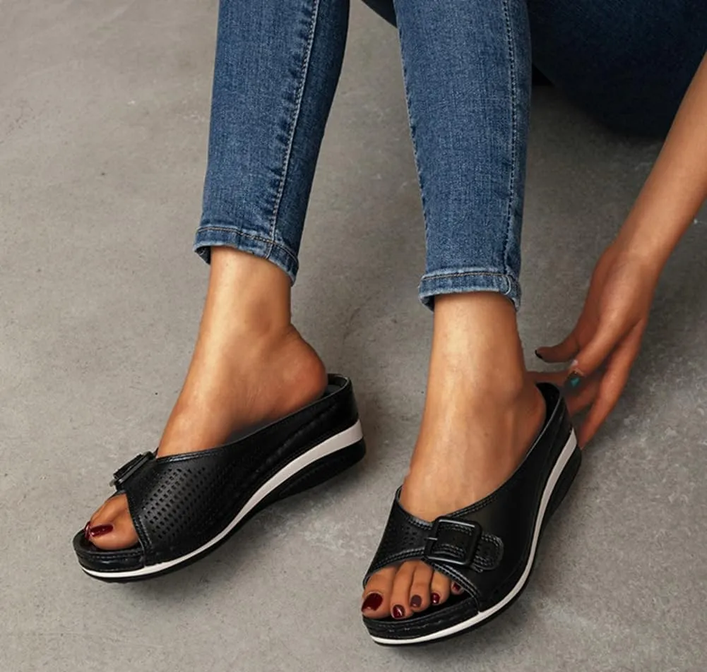 Rungion Women's Wedge Sandals Platform Slip On Slide Shose Open Toe Dressy Mules Summer Beach Walking Casual Heels Sandals
