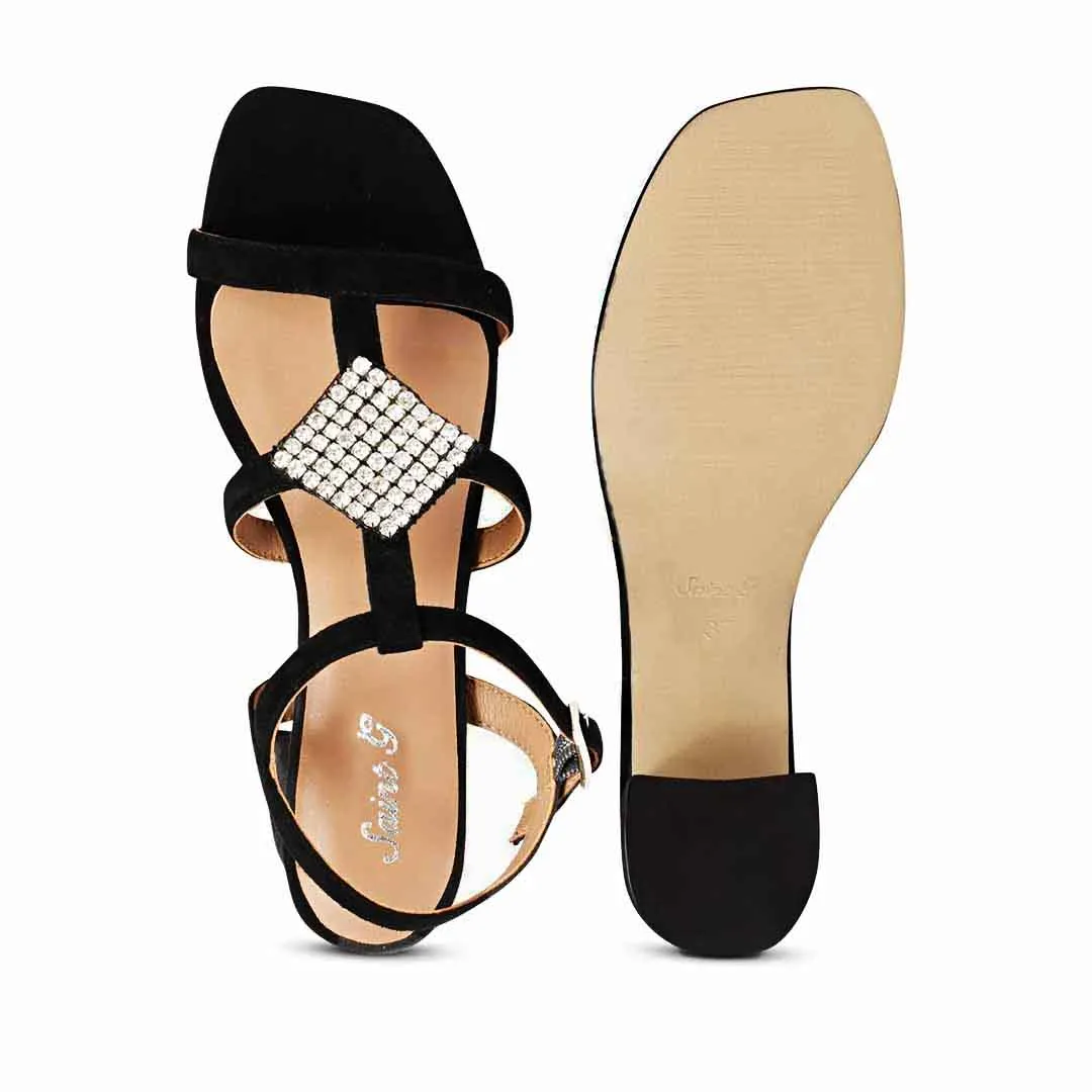 Saint Donya Stones Black Suede Leather Block Heels