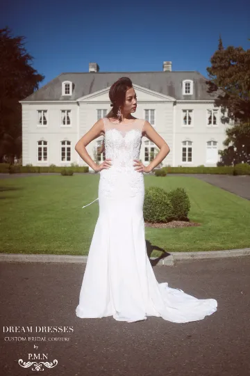 SAMPLE SALE/ Fit-n-Flare Wedding Dress With Illusion Neckline