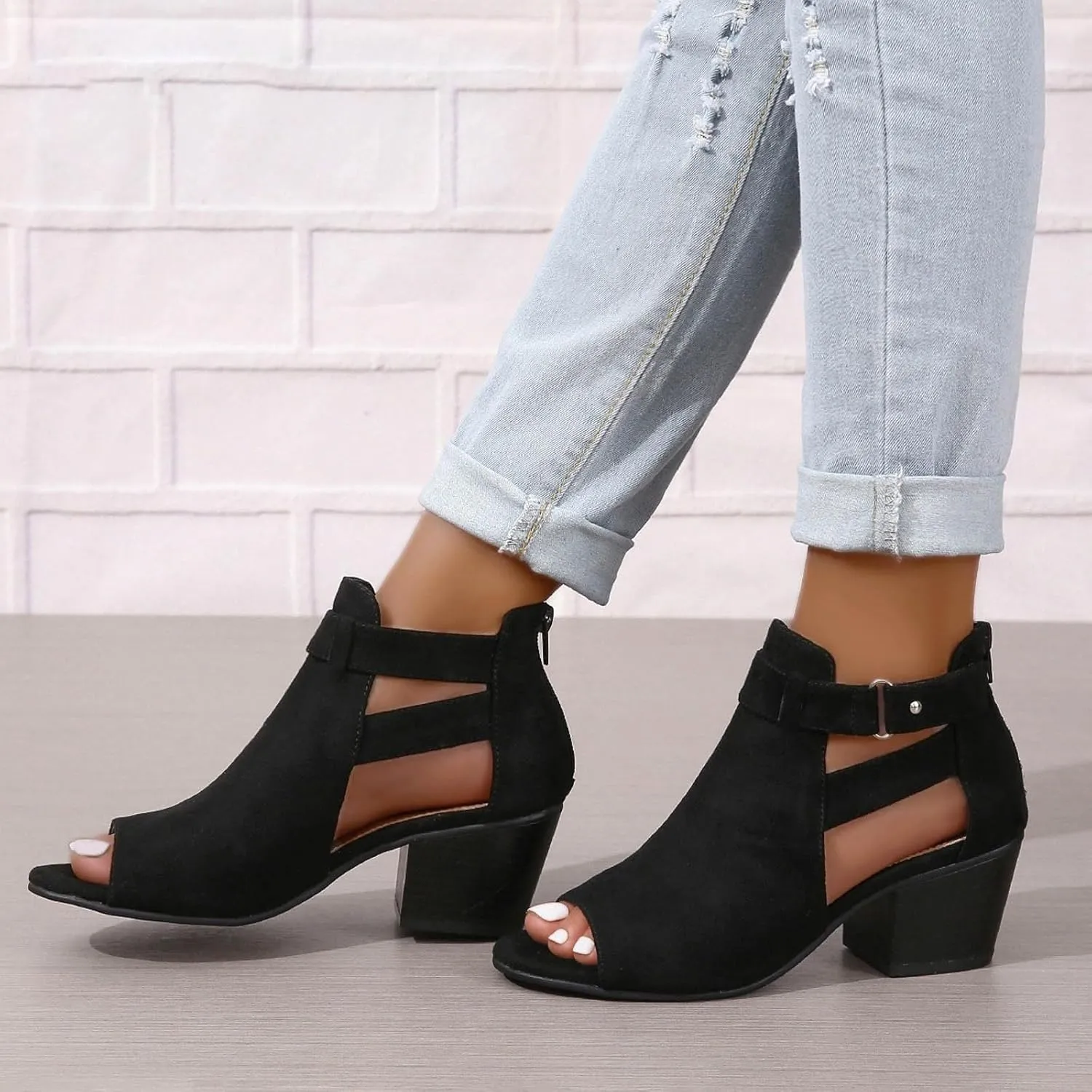 Sandal Heels Shoes for Women Sexy Women's Block Heels Boots Zip Back Ankle Strap Comfortable Open Toe Apparel Shoe