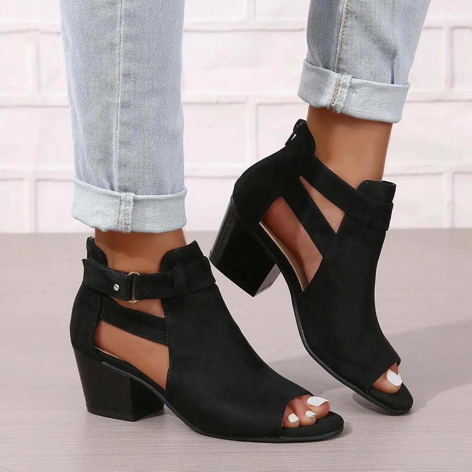 Sandal Heels Shoes for Women Sexy Women's Block Heels Boots Zip Back Ankle Strap Comfortable Open Toe Apparel Shoe