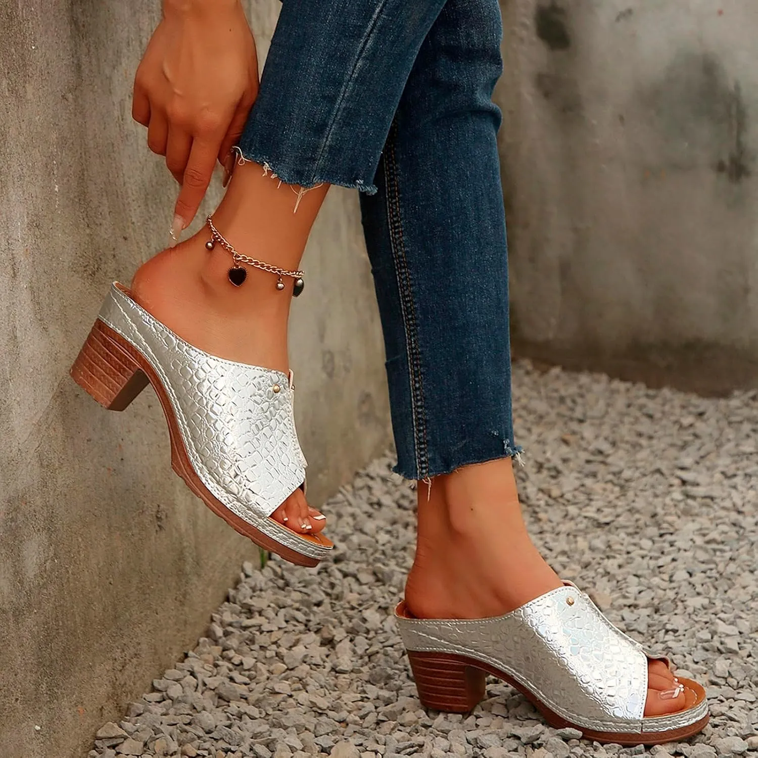Sandals for Women 2025 Chunky Platform Mules Sandals Slip on Block Heels Square Toe High Heeled Dress Shoes