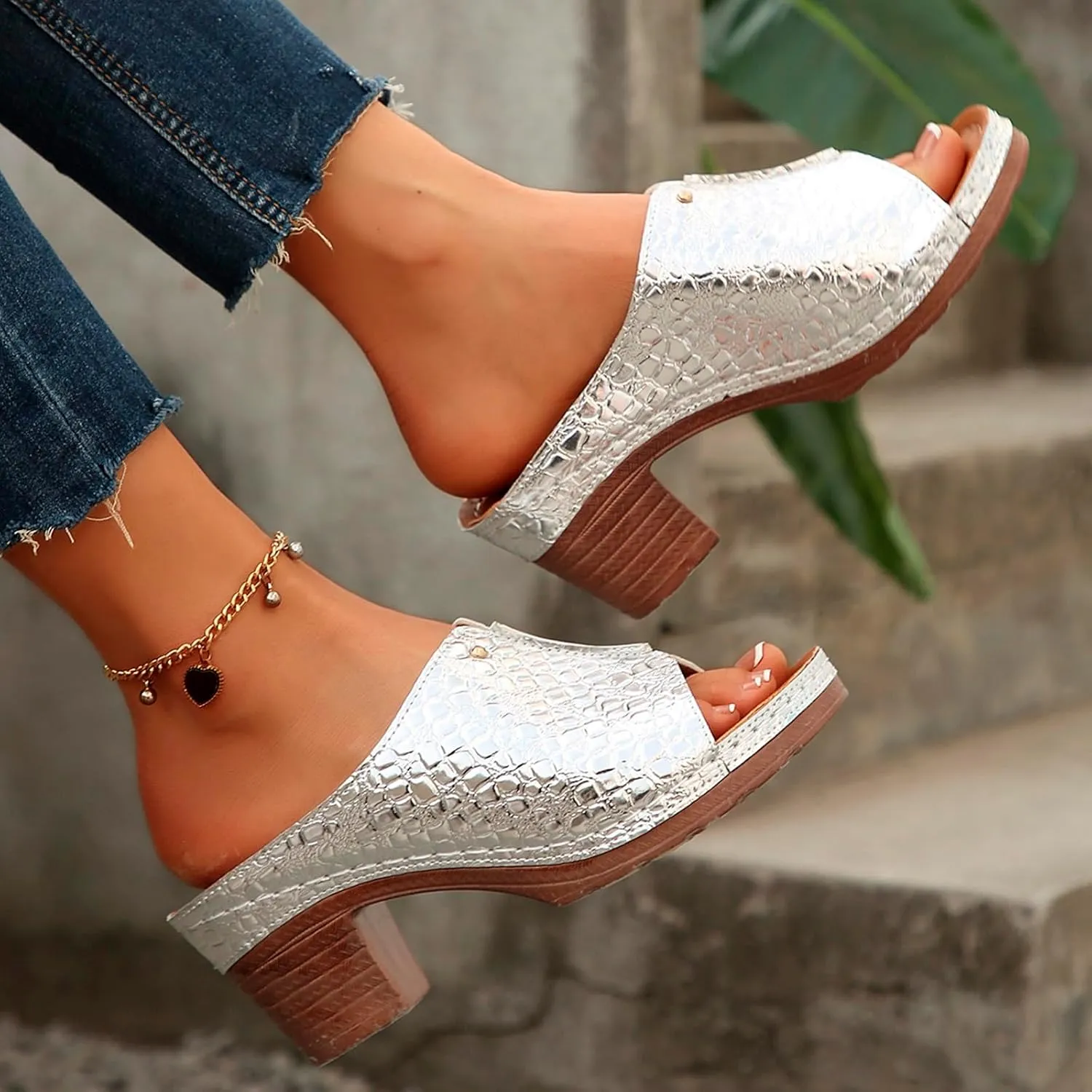 Sandals for Women 2025 Chunky Platform Mules Sandals Slip on Block Heels Square Toe High Heeled Dress Shoes