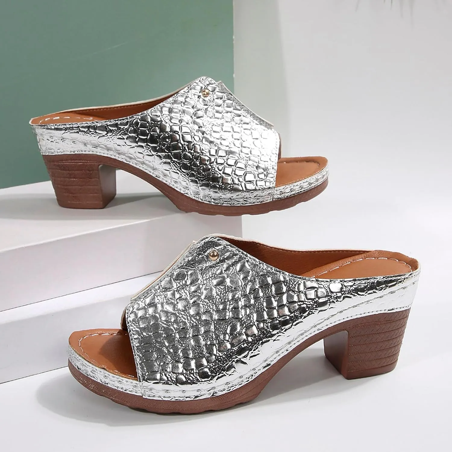 Sandals for Women 2025 Chunky Platform Mules Sandals Slip on Block Heels Square Toe High Heeled Dress Shoes