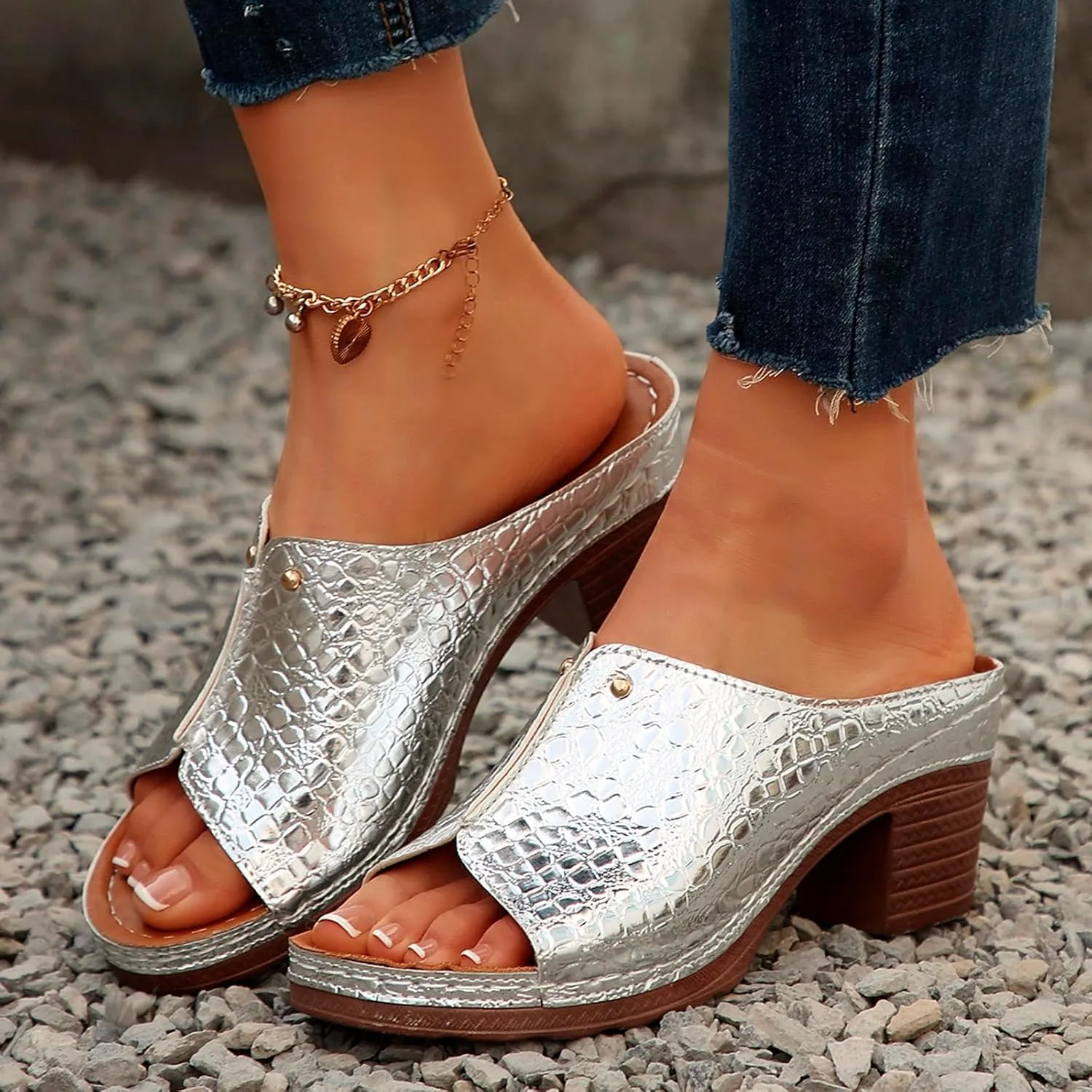 Sandals for Women 2025 Chunky Platform Mules Sandals Slip on Block Heels Square Toe High Heeled Dress Shoes