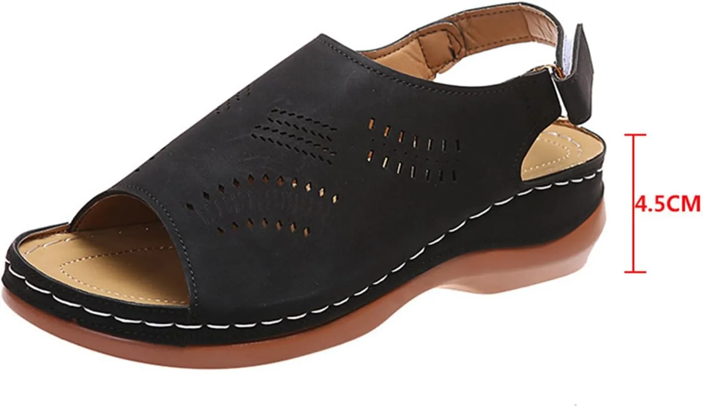 Sandals for Women 2025 Summer Low Heel Wedge Sandals Open Peep Toe Arch Support Shoes Hollow Out Buckle Ankle Strap Sandal Comfortable Beach Walking Shoes