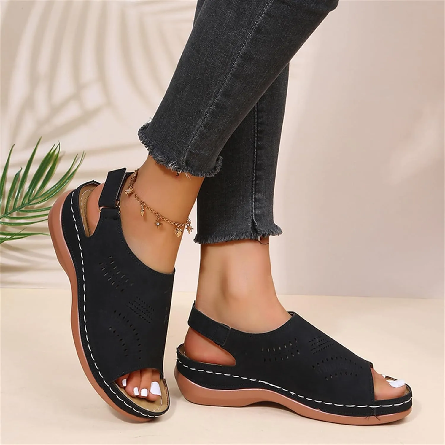 Sandals for Women 2025 Summer Low Heel Wedge Sandals Open Peep Toe Arch Support Shoes Hollow Out Buckle Ankle Strap Sandal Comfortable Beach Walking Shoes