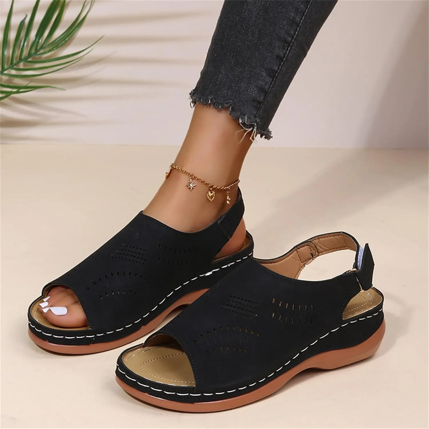 Sandals for Women 2025 Summer Low Heel Wedge Sandals Open Peep Toe Arch Support Shoes Hollow Out Buckle Ankle Strap Sandal Comfortable Beach Walking Shoes