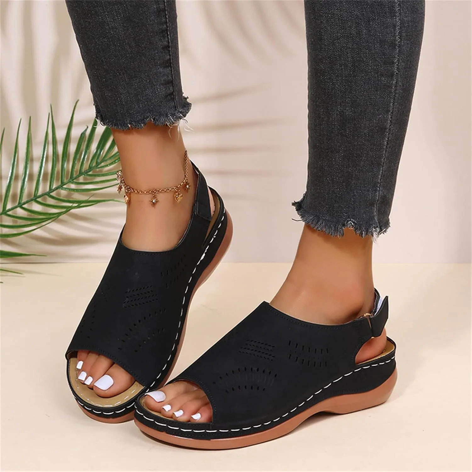 Sandals for Women 2025 Summer Low Heel Wedge Sandals Open Peep Toe Arch Support Shoes Hollow Out Buckle Ankle Strap Sandal Comfortable Beach Walking Shoes