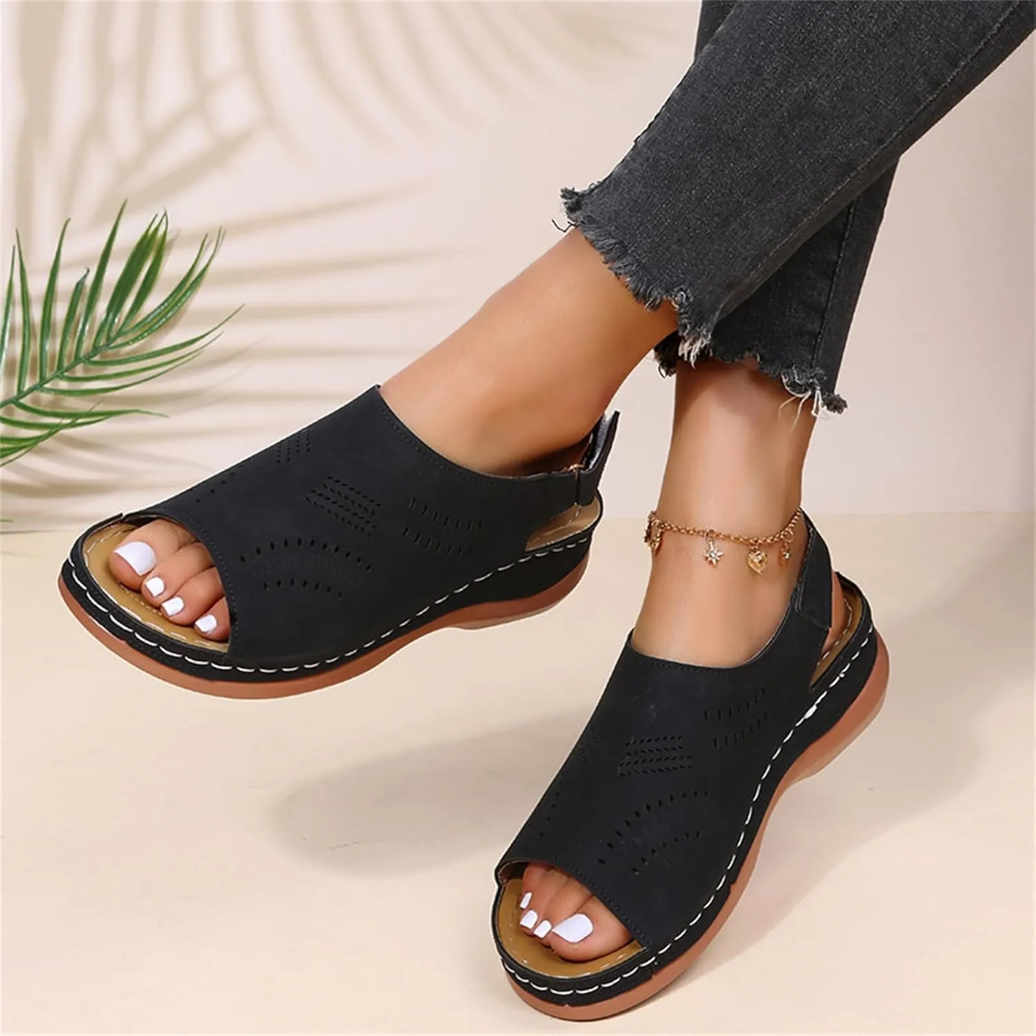 Sandals for Women 2025 Summer Low Heel Wedge Sandals Open Peep Toe Arch Support Shoes Hollow Out Buckle Ankle Strap Sandal Comfortable Beach Walking Shoes