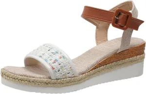 Sandals for Women 2025 Woven Flax Thick Sole Shoes Platform Open Toe Wedge Sandals Adjustable Hook Loop Strappy Shoes Anti-Slip Comfortable Footbed Sandal