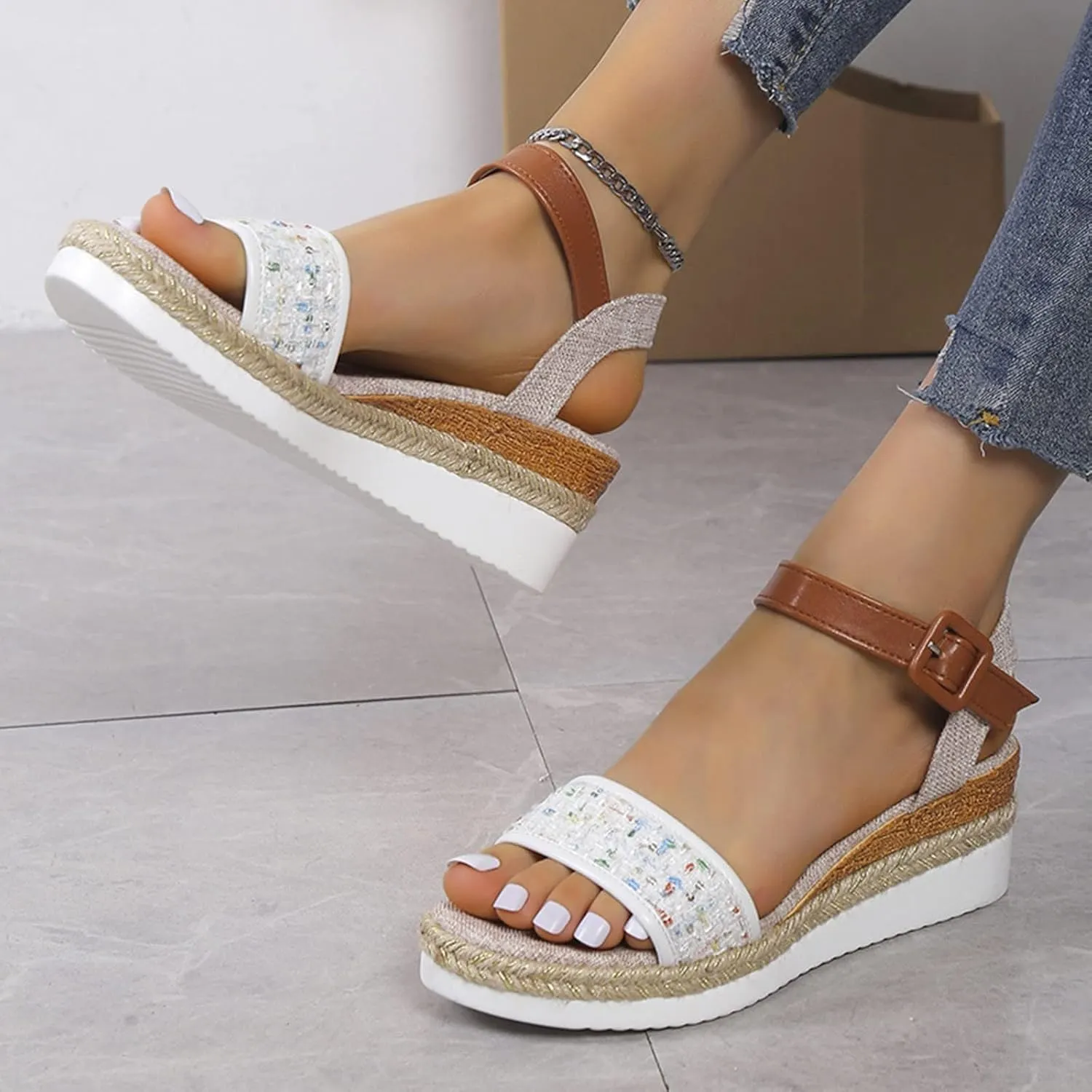Sandals for Women 2025 Woven Flax Thick Sole Shoes Platform Open Toe Wedge Sandals Adjustable Hook Loop Strappy Shoes Anti-Slip Comfortable Footbed Sandal
