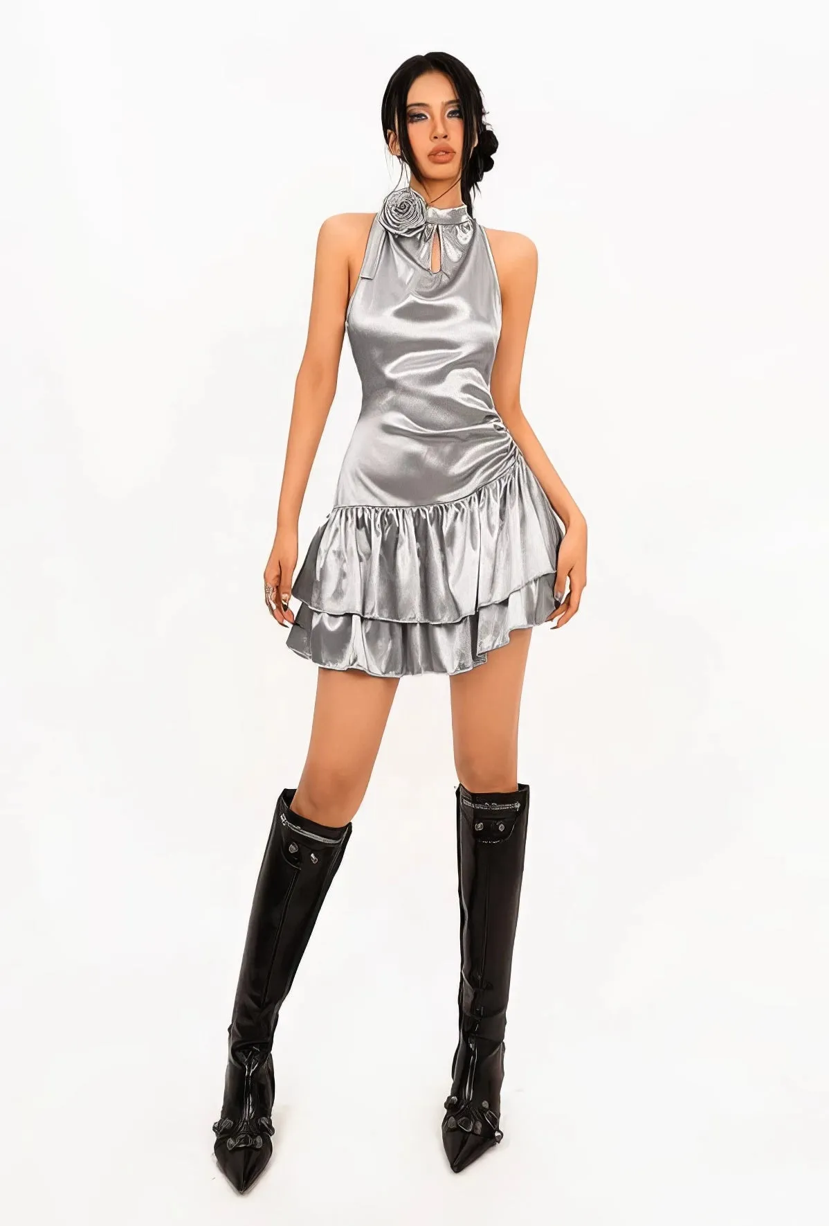 Satin Halter Neck Dress with Rose Detail and Ruffle Hem