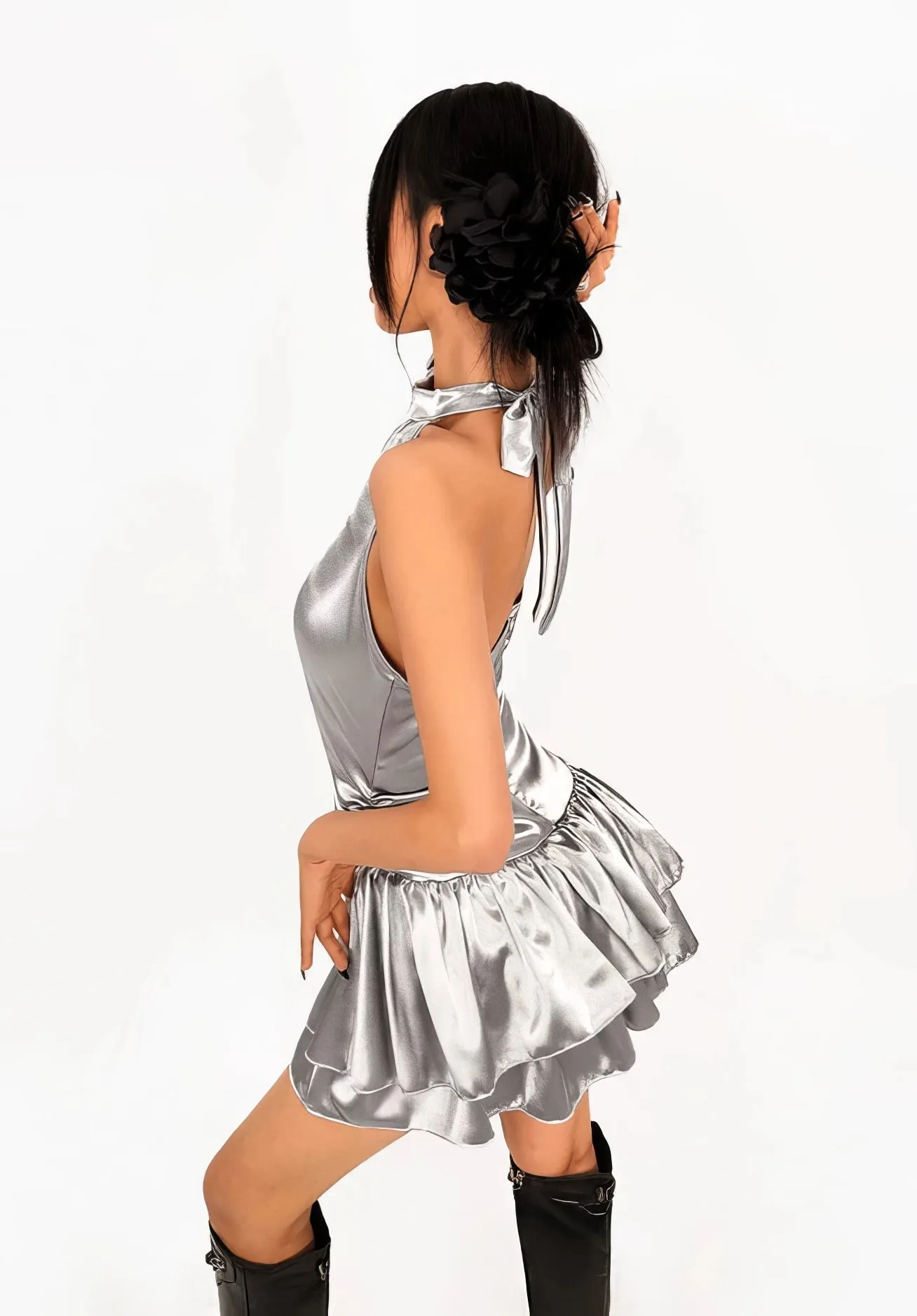 Satin Halter Neck Dress with Rose Detail and Ruffle Hem