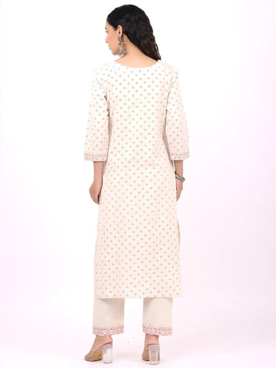 Satrangi Women's Off White & Pink Cotton V Neck Printed Kurta Set with Three Fourth Sleeves