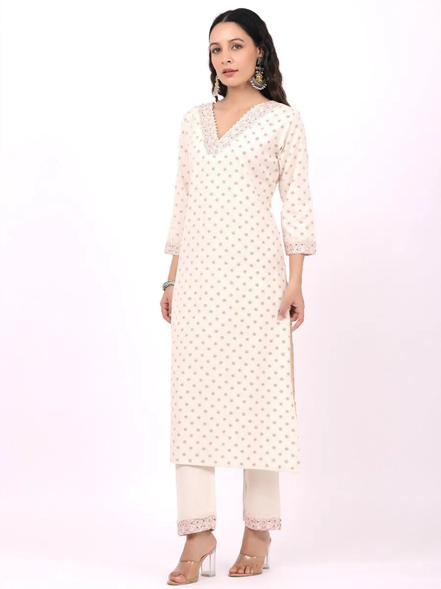 Satrangi Women's Off White & Pink Cotton V Neck Printed Kurta Set with Three Fourth Sleeves