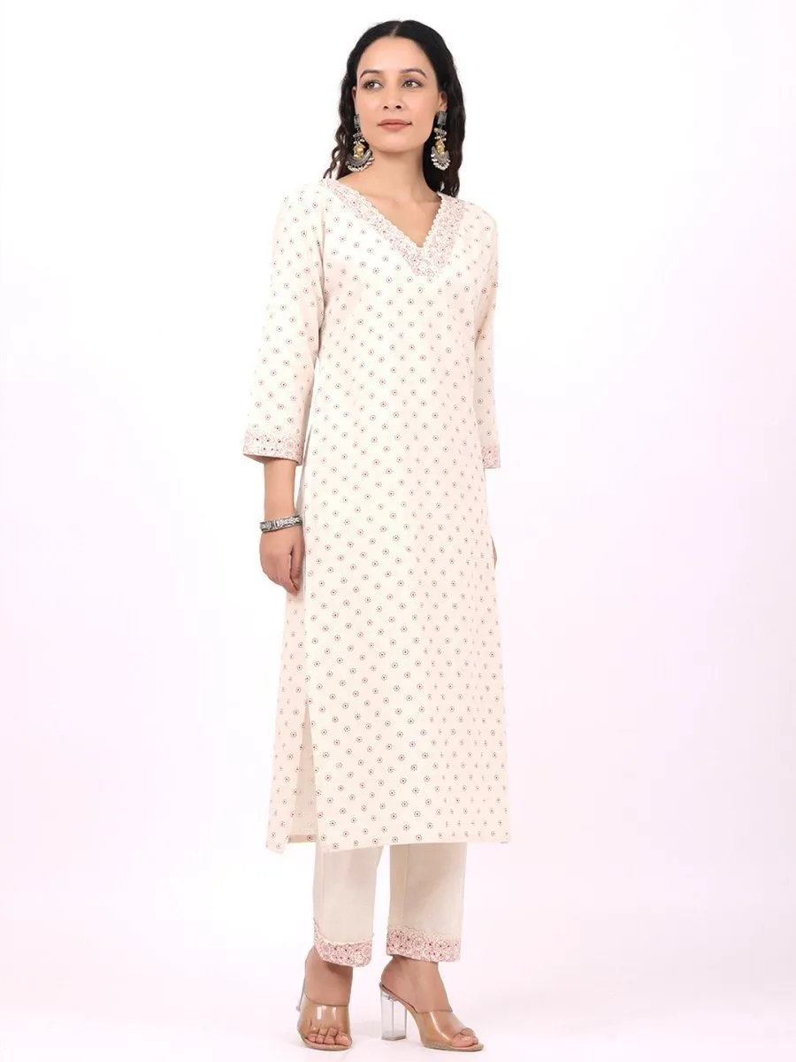 Satrangi Women's Off White & Pink Cotton V Neck Printed Kurta Set with Three Fourth Sleeves