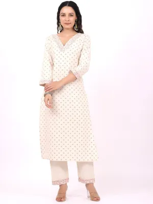 Satrangi Women's Off White & Pink Cotton V Neck Printed Kurta Set with Three Fourth Sleeves