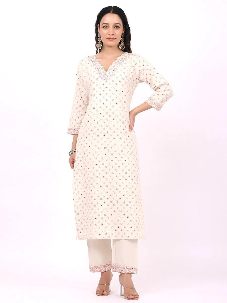 Satrangi Women's Off White & Pink Cotton V Neck Printed Kurta Set with Three Fourth Sleeves