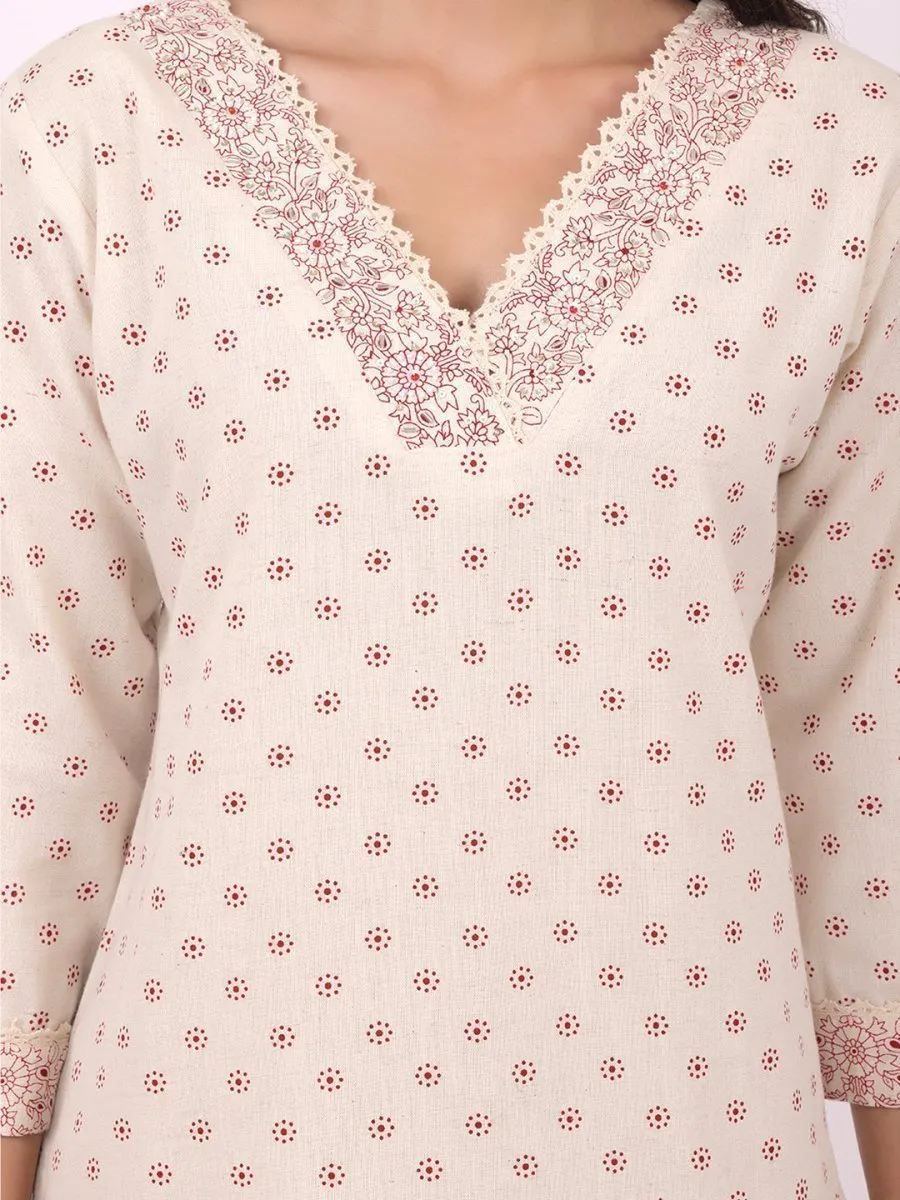 Satrangi Women's Off White & Pink Cotton V Neck Printed Kurta Set with Three Fourth Sleeves