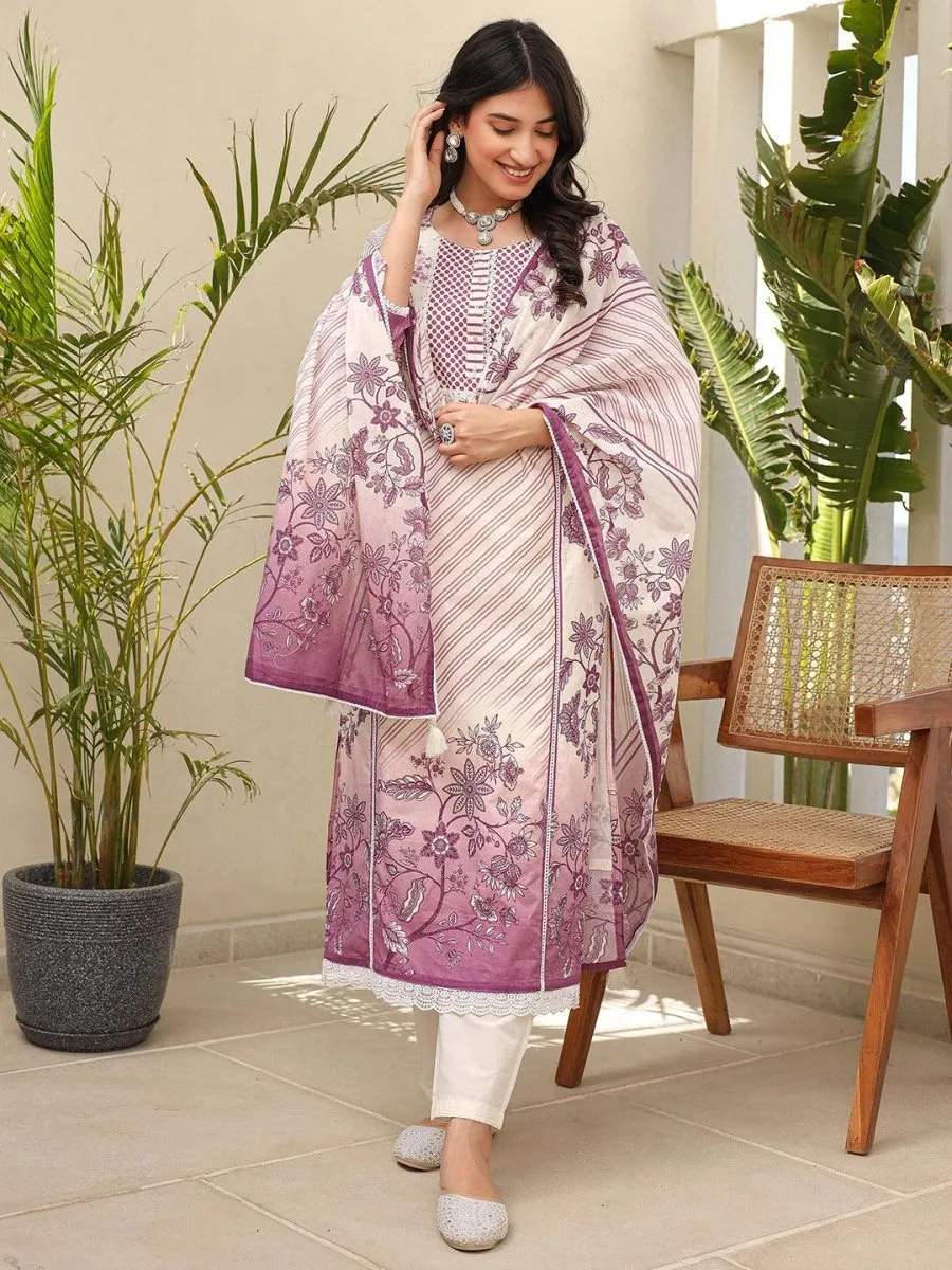 Satrangi Women's Pink  & White Cotton Printed 3/4th Sleeve Round Neck Kurta Pant Set