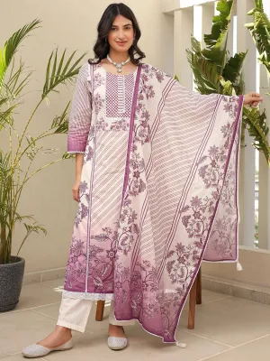 Satrangi Women's Pink  & White Cotton Printed 3/4th Sleeve Round Neck Kurta Pant Set