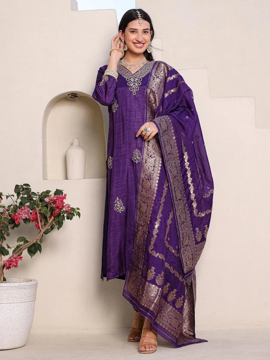 Satrangi Women's Purple Embroidered Kurta Pant Set with Round Neck and 3/4th Sleeves